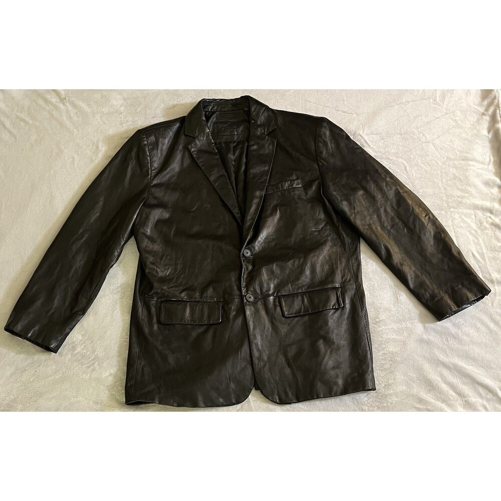 Roundtree & Yorke Men XL Black Leather Blazer Jacket 2-Button Sport Coat Classic
